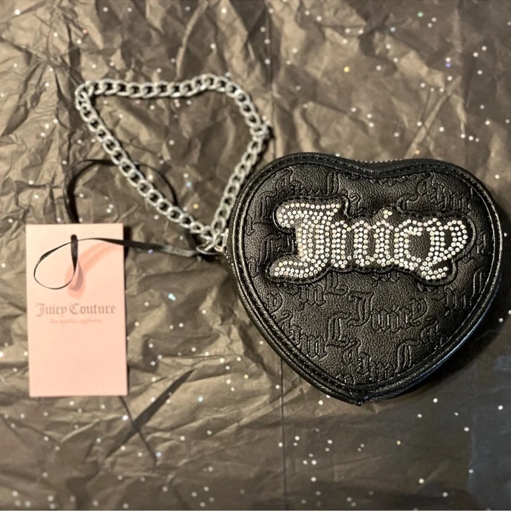 Juicy Couture Black Heart Wristlet with Rhinestone Logo